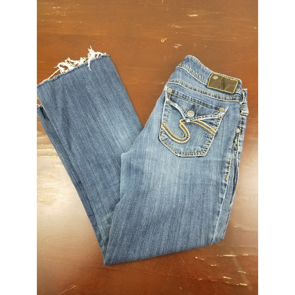 SILVER JEANS Suki Surplus Flap Pocket Boot Cut Blue Jeans  Women 27x26 Distresse